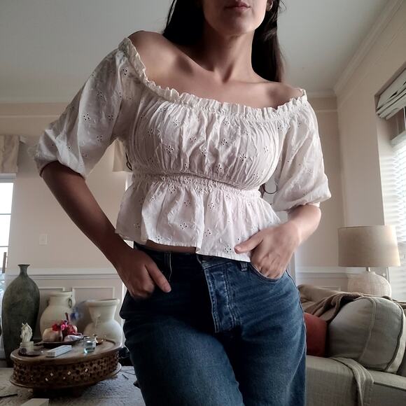 Zara White Eyelet Top Sz S - Picture 2 of 5